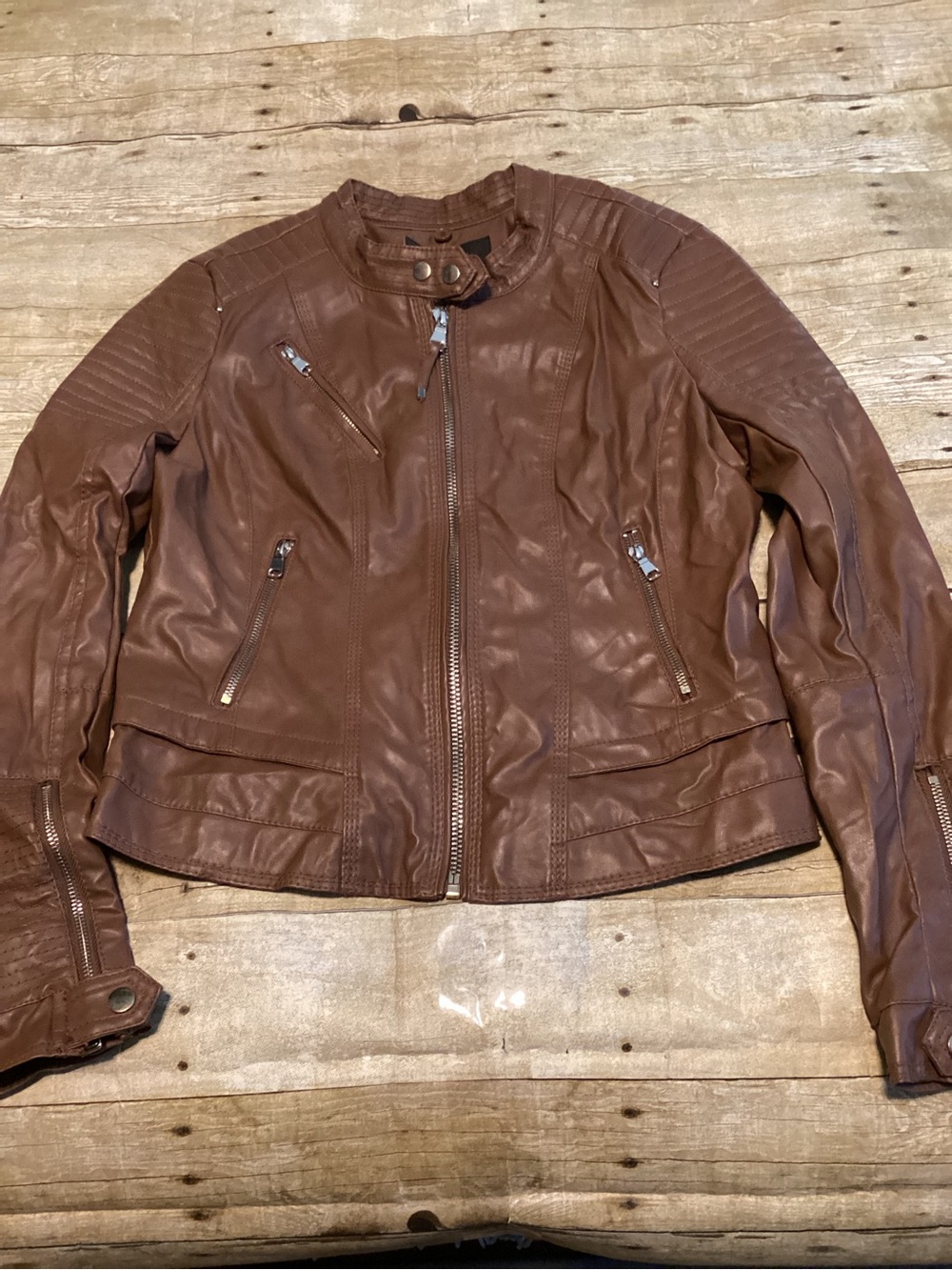 Brown Faux Leather Moto Jacket - Women